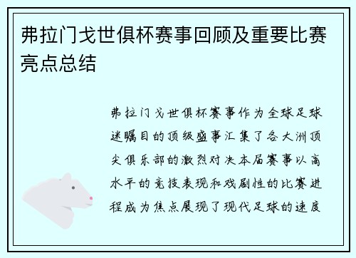 弗拉门戈世俱杯赛事回顾及重要比赛亮点总结