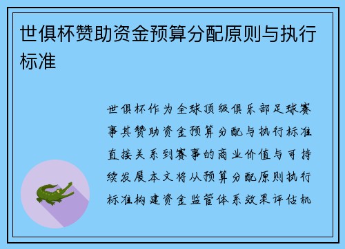 世俱杯赞助资金预算分配原则与执行标准